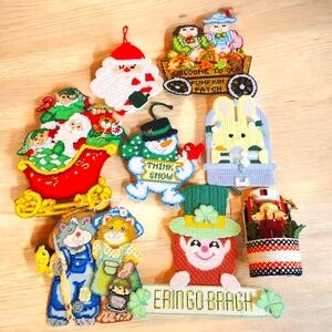 Needlepoint On Plastic Canvas Lot Of 8 Holiday Seasonal Wall Decor Hand Crafted